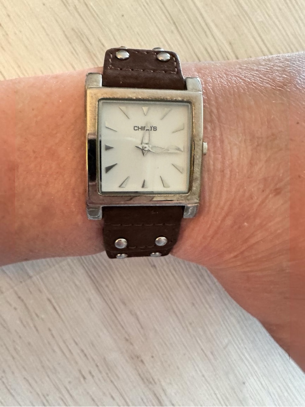 Chicos Brown Leather Strap Square Silver Watch